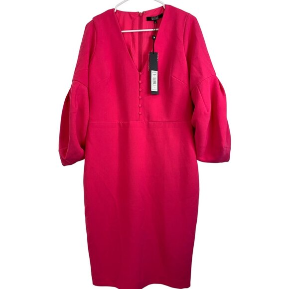NWT 14 Badgley Mischka Pink Dress V-Neck Balloon 3/4 Sleeve $495 Lined8292